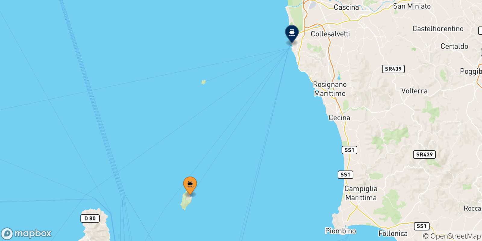 Mappa delle possibili rotte tra l'Isola Di Capraia e l'Italia