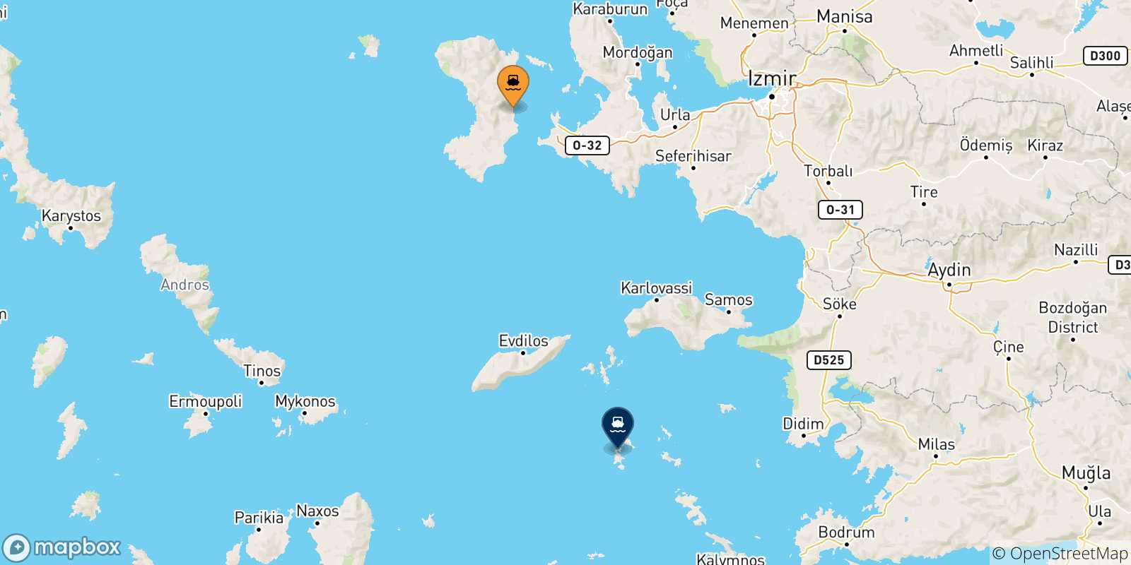 Mappa delle possibili rotte tra Chios e le Isole Dodecaneso