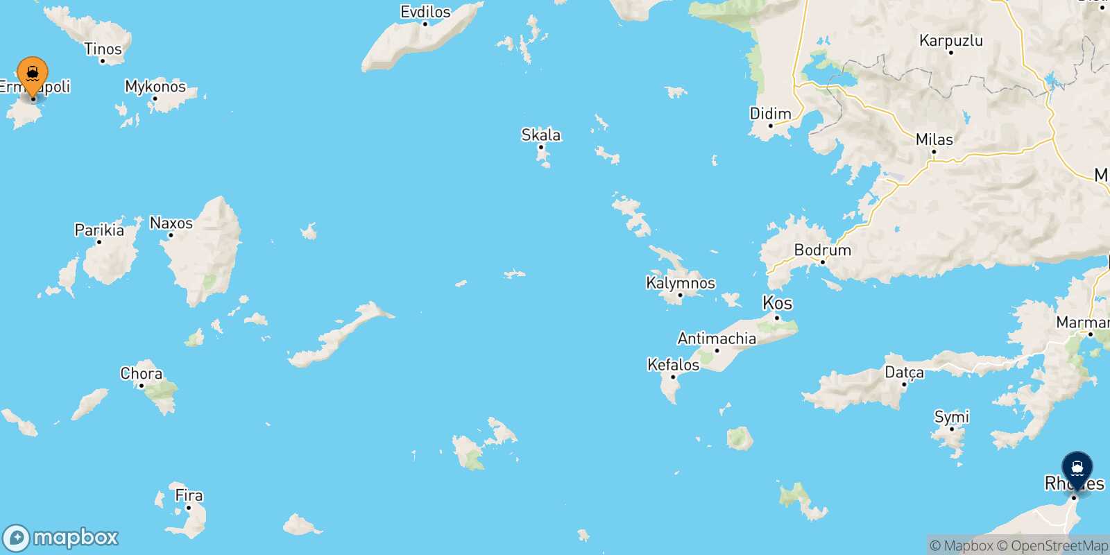 Mappa della rotta Syros Rodi