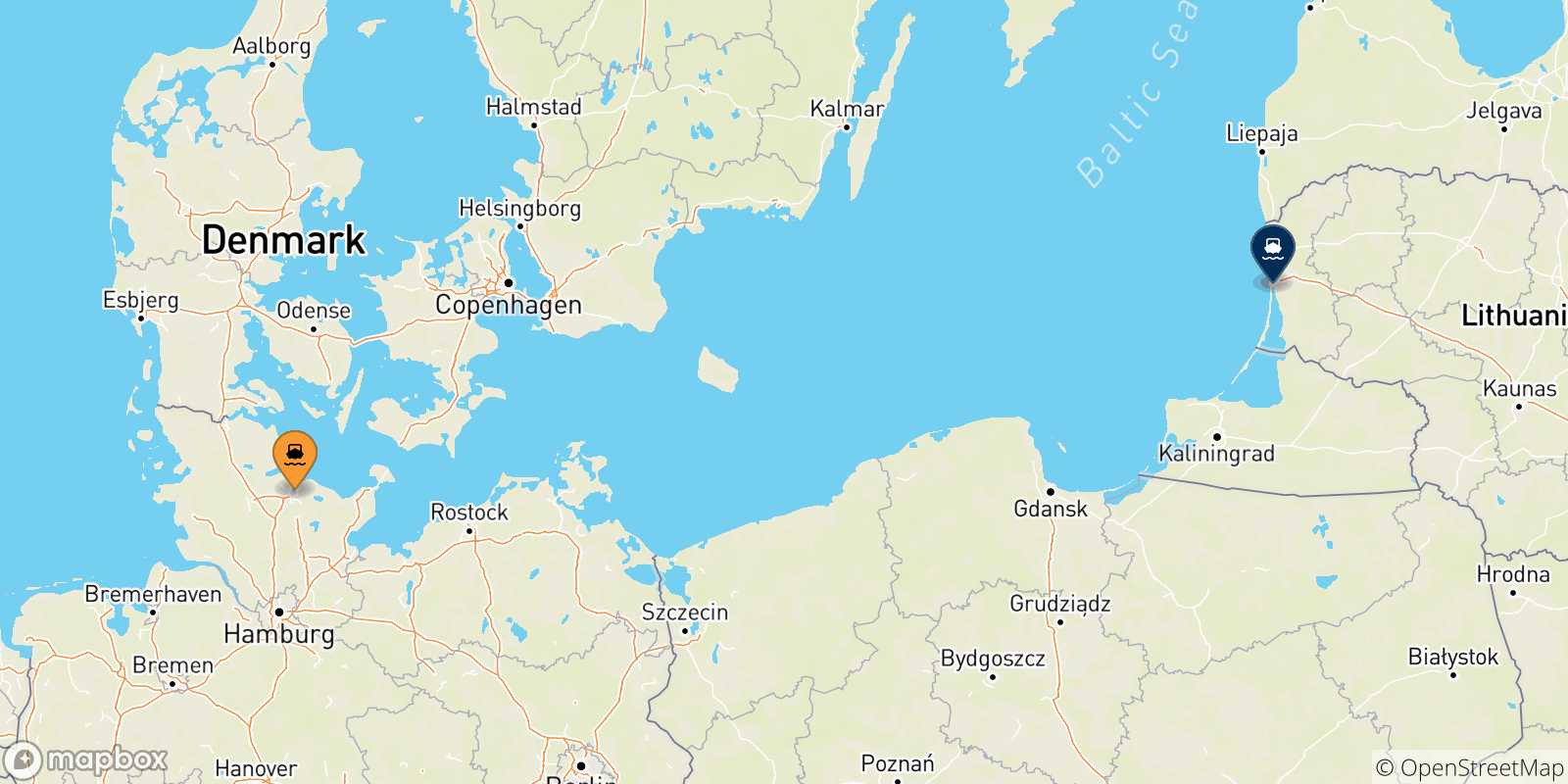 Mappa delle possibili rotte tra Kiel e la Lituania