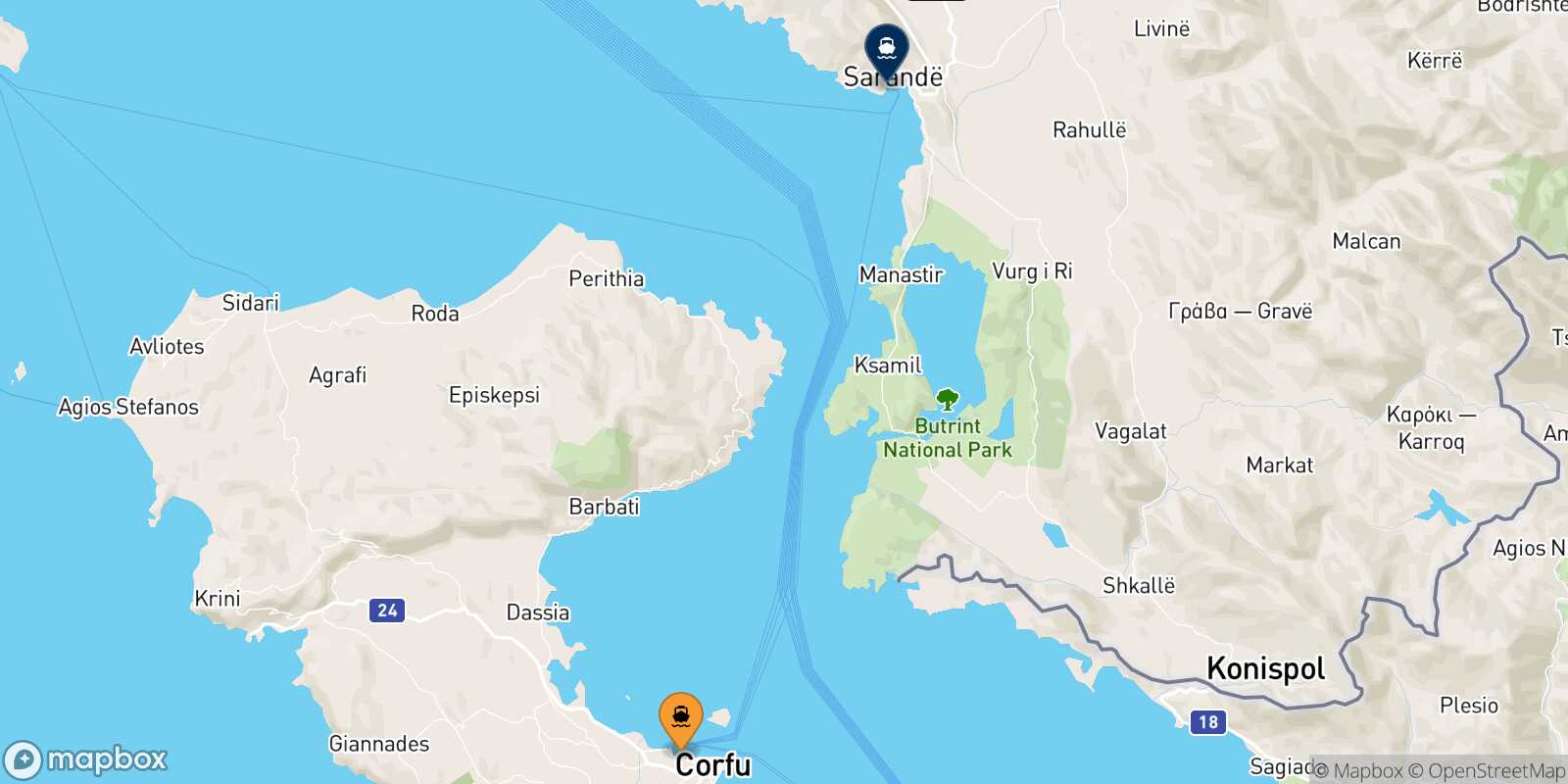 Mappa della rotta Corfu Saranda
