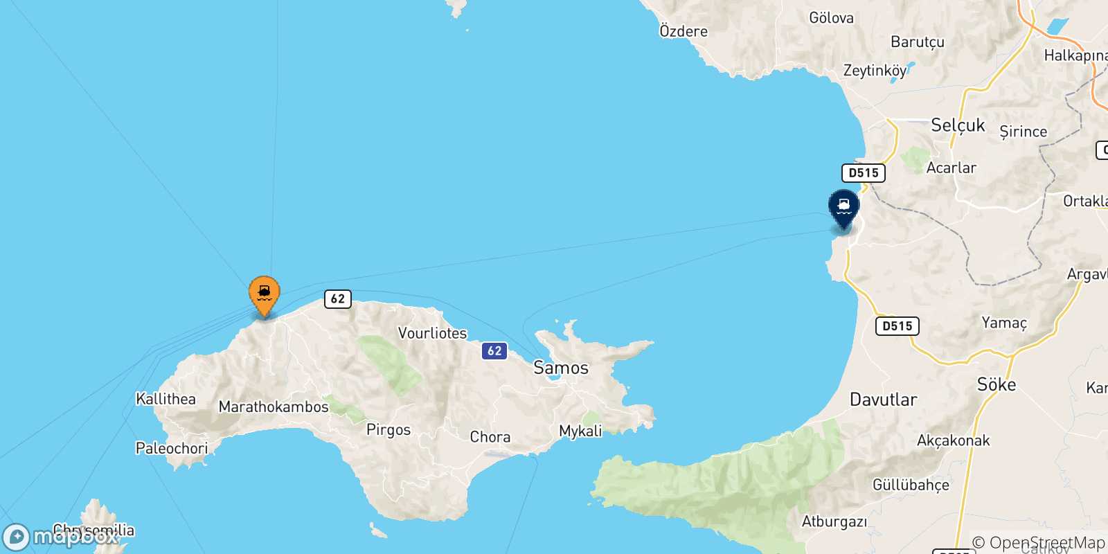 Mappa delle possibili rotte tra Pythagorio (Samos) e la Turchia