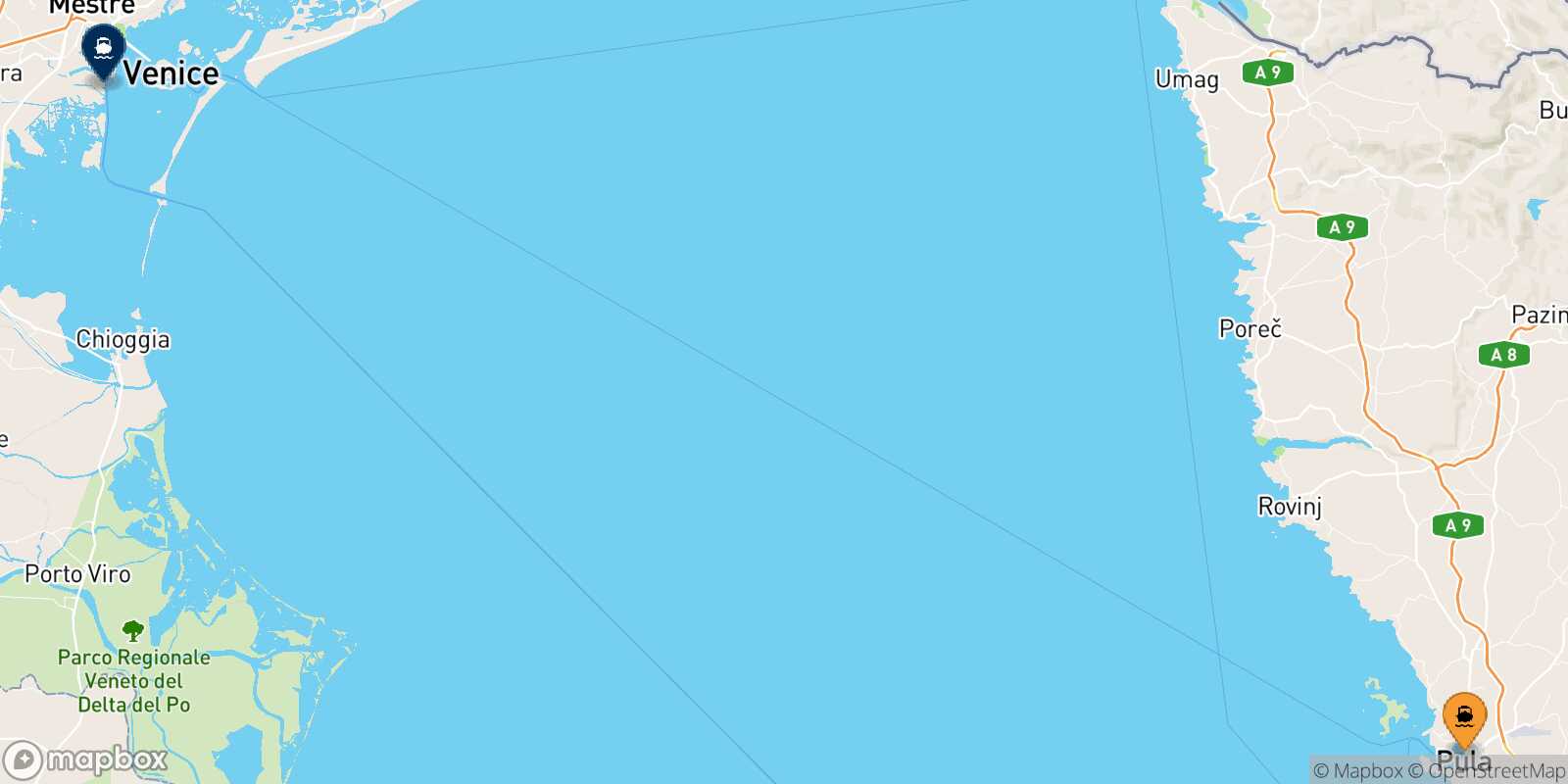 Mappa della rotta Pola Venezia