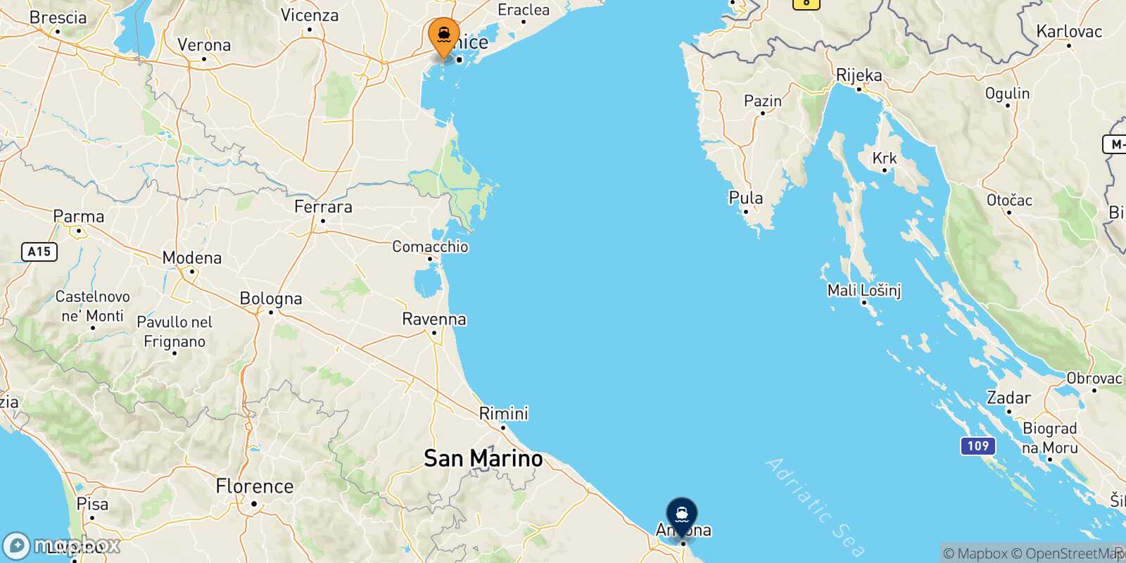 Mappa della rotta Venezia Ancona