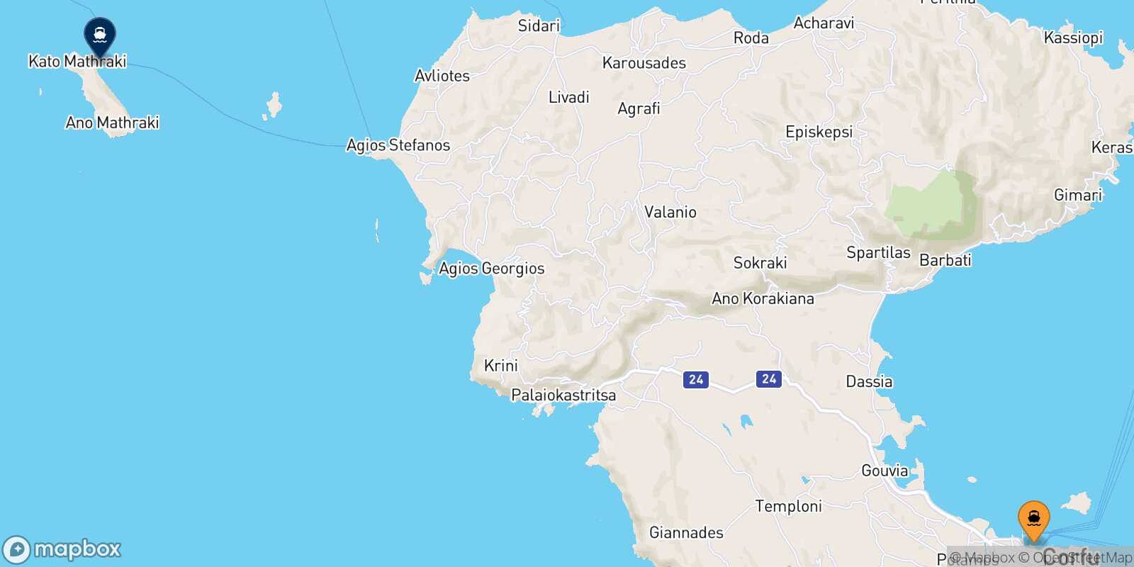 Mappa della rotta Corfu Mathraki