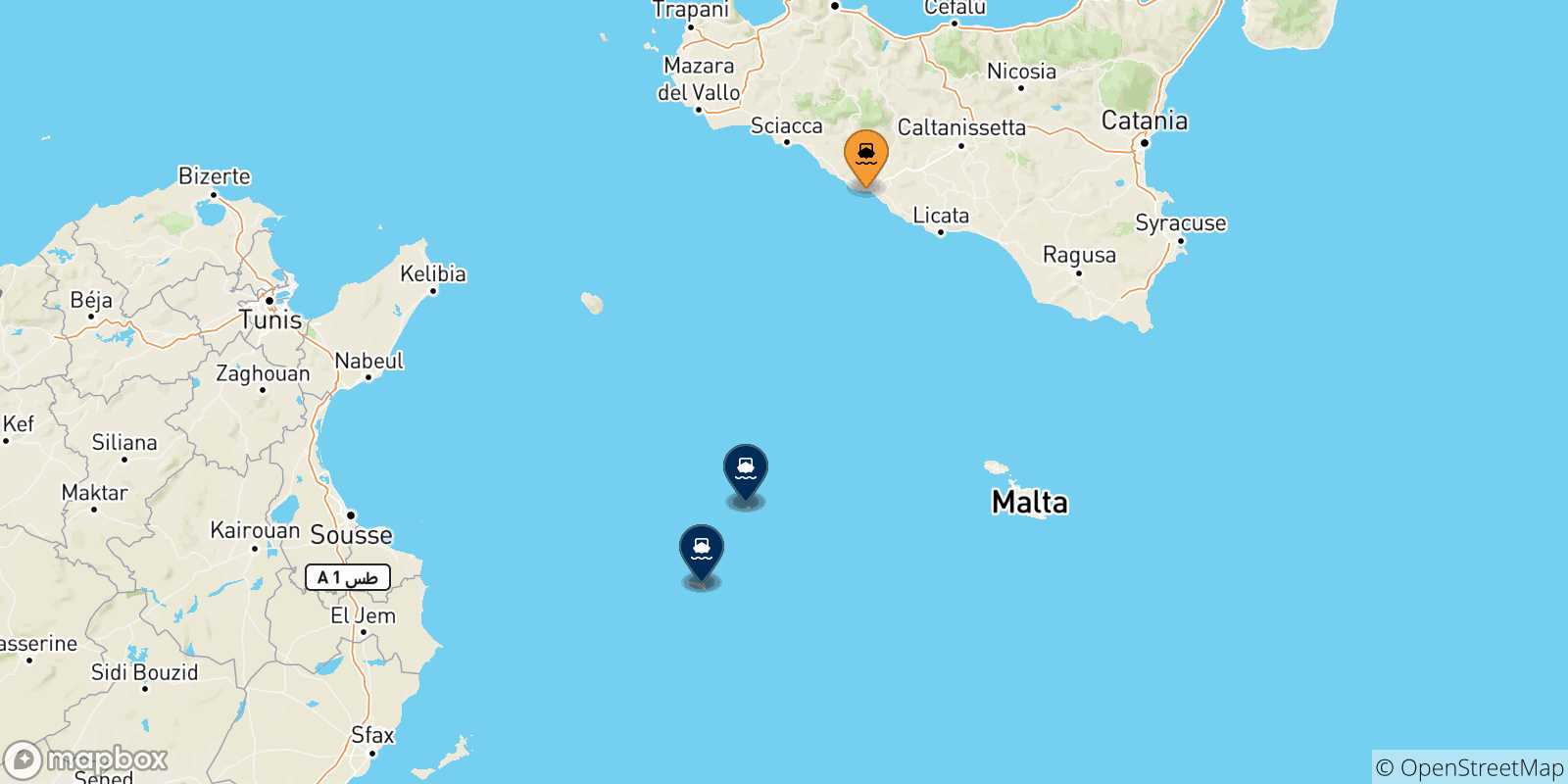 Mappa delle possibili rotte tra l'Italia e le Isole Pelagie