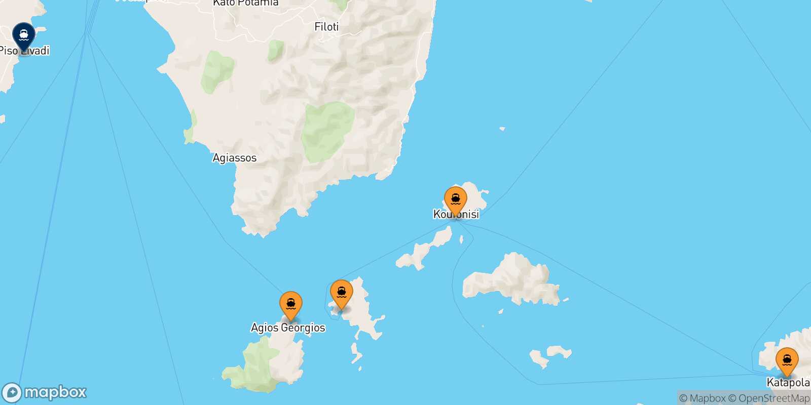 Mappa dei porti collegati con  Piso Livadi (Paros)