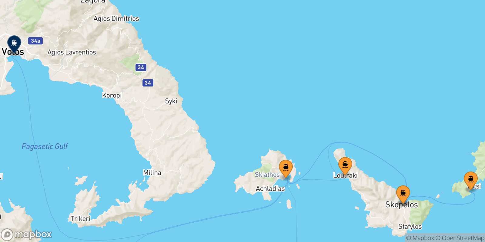 Mappa dei porti collegati con  Volos