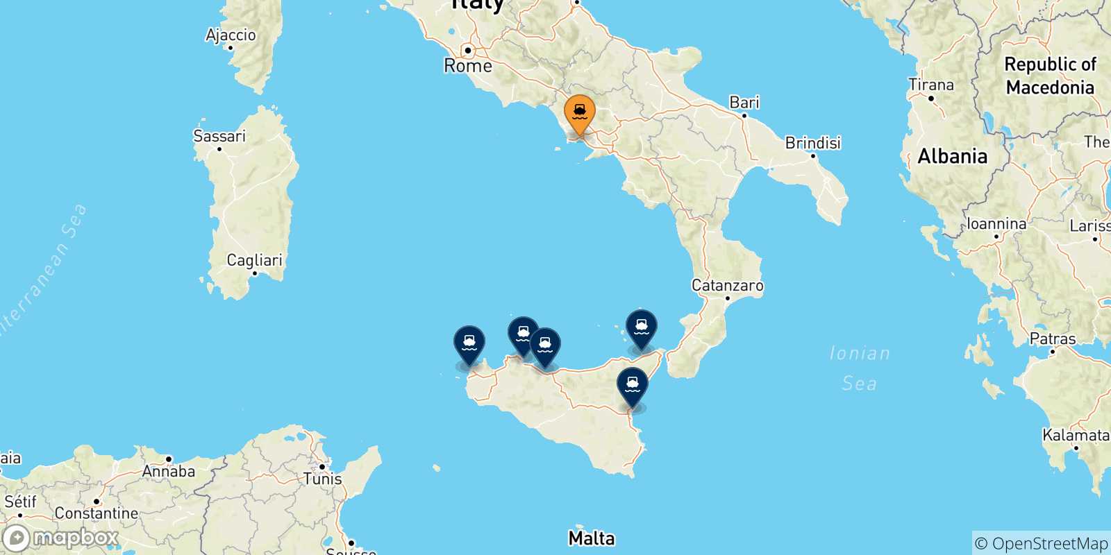Mappa delle possibili rotte tra Napoli e la Sicilia