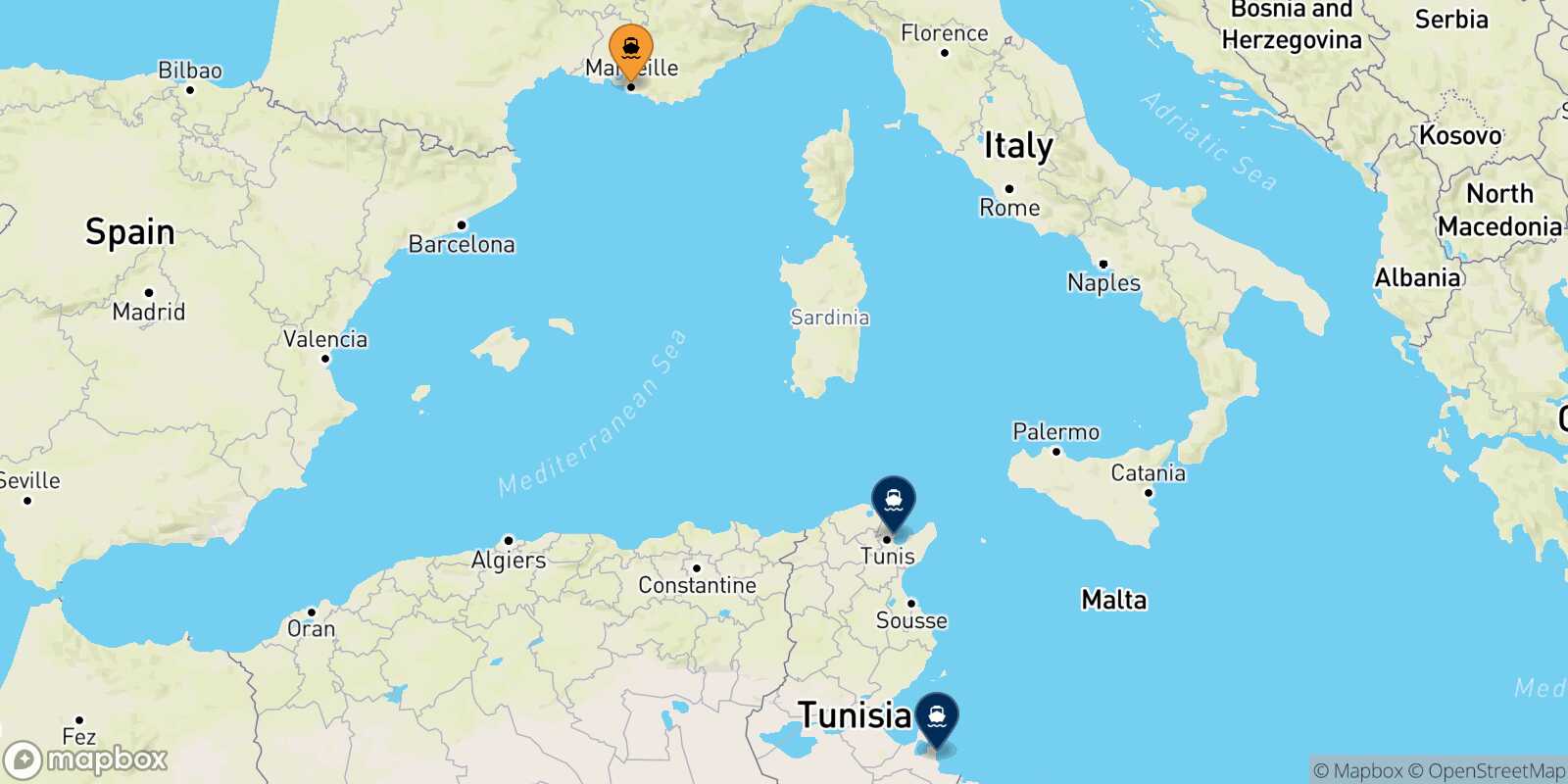 Mappa delle destinazioni raggiungibili da Marsiglia