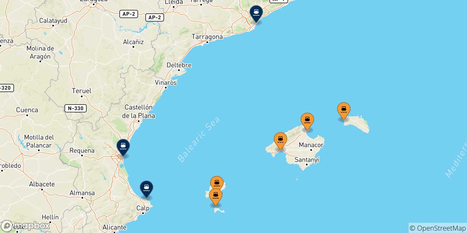 Mappa delle possibili rotte tra le Isole Baleari e la Spagna