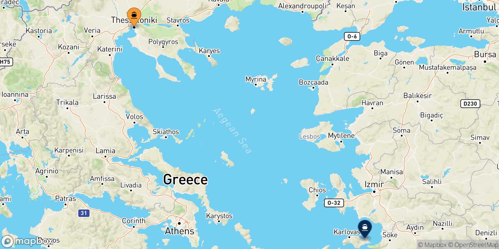 Mappa della rotta Salonicco Vathi (Samos)