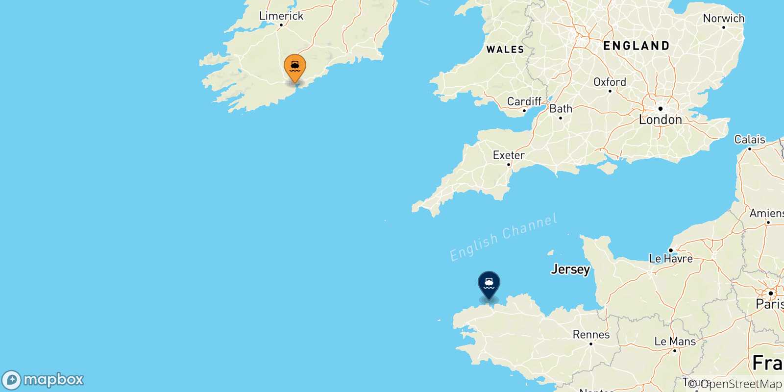 Mappa delle possibili rotte tra l'Irlanda e Roscoff