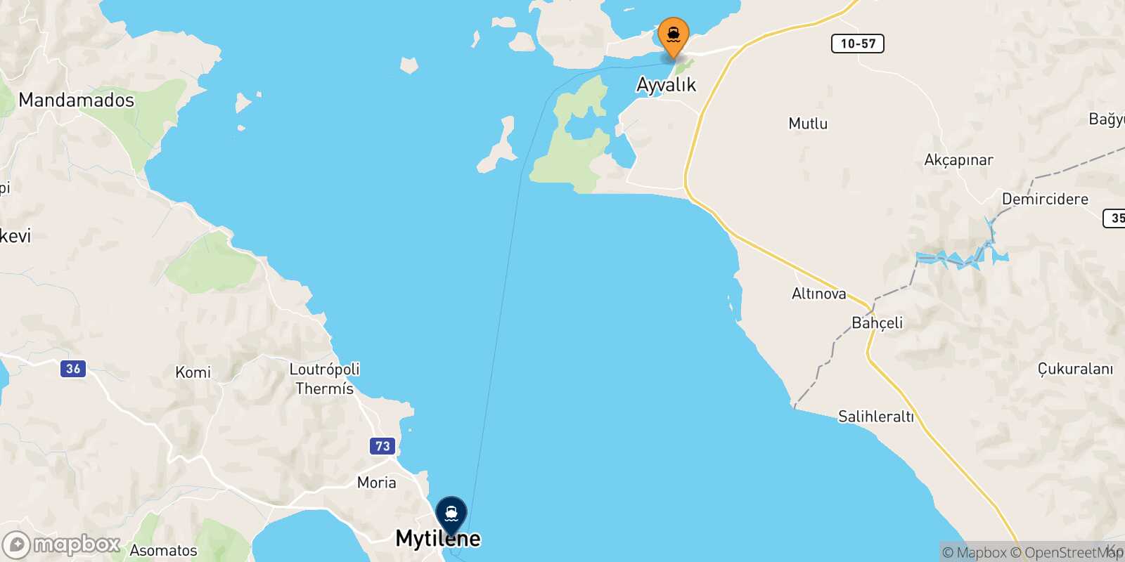 Mappa dei porti collegati con  Mitilini (Lesvos)