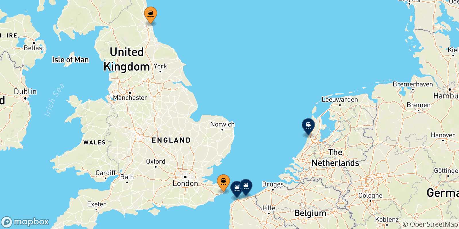 Mappa delle destinazioni raggiungibili dall' Inghilterra