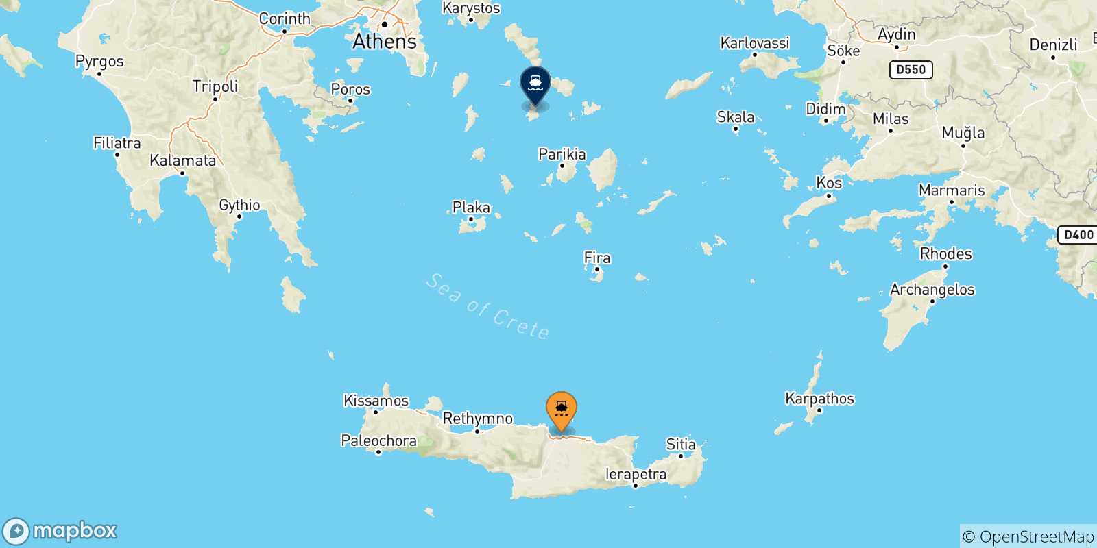 Mappa delle possibili rotte tra Creta e Syros
