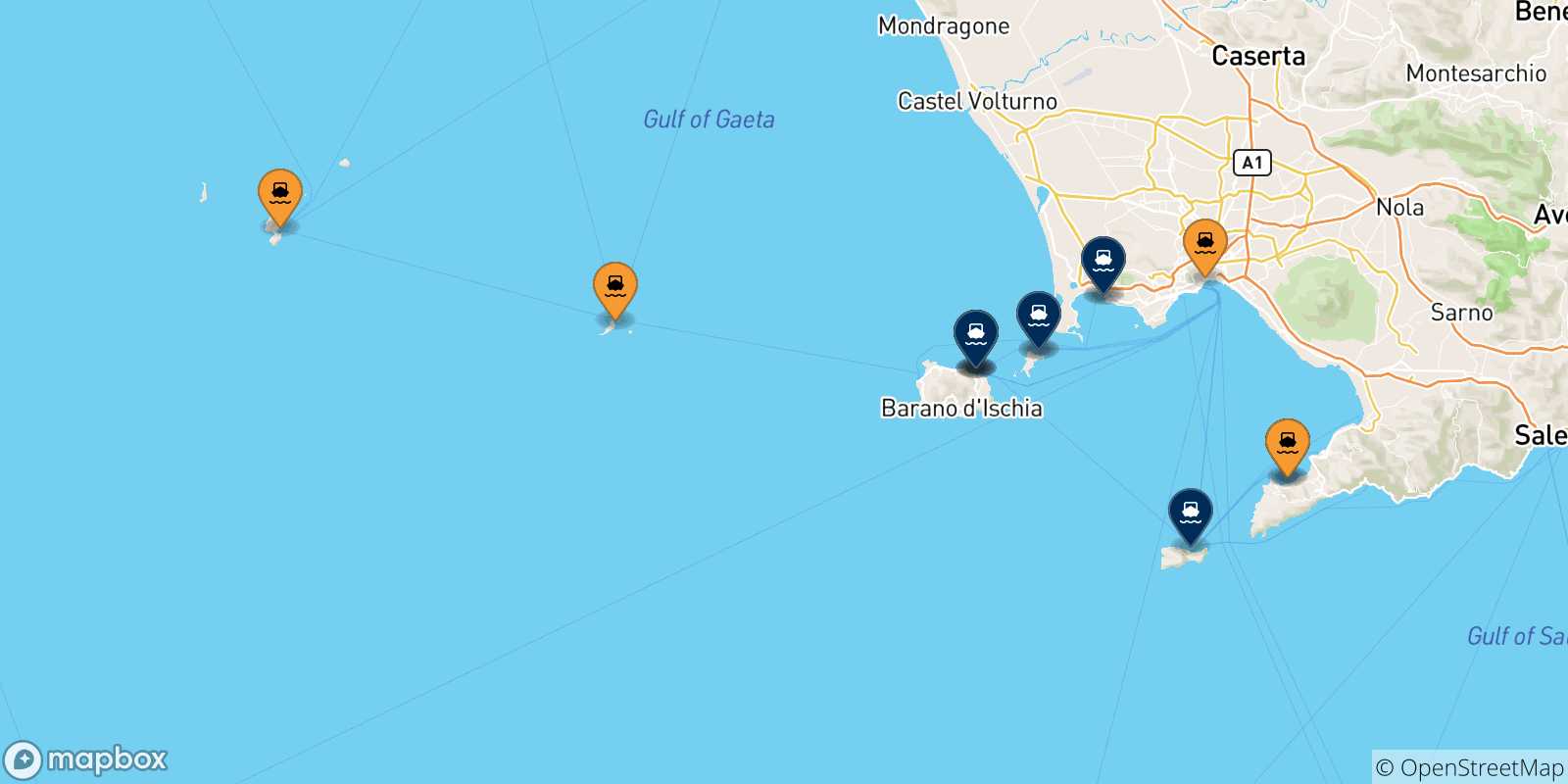 Mappa delle possibili rotte tra l'Italia e il Golfo Di Napoli