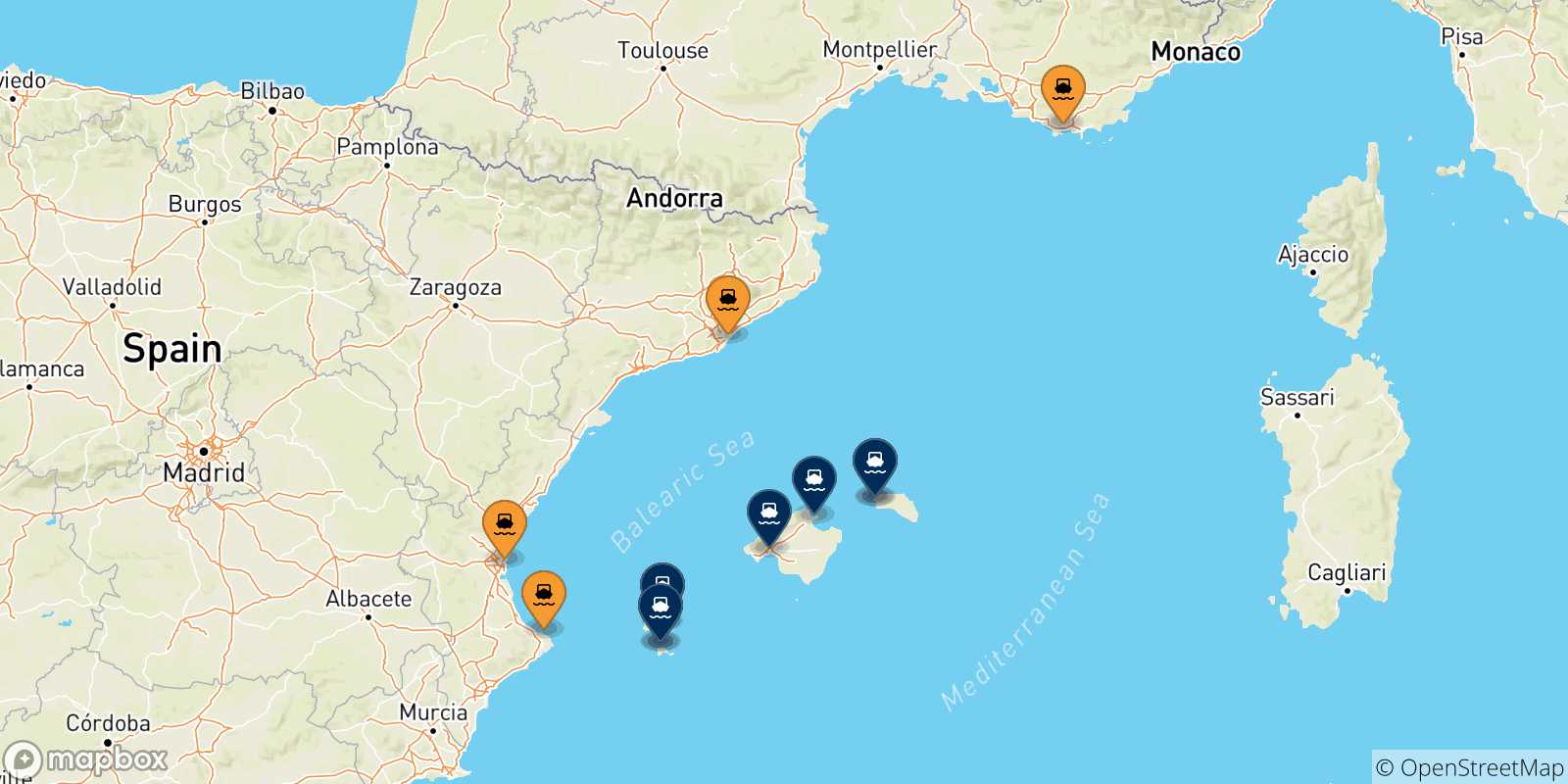 Mappa dei porti collegati con le Isole Baleari