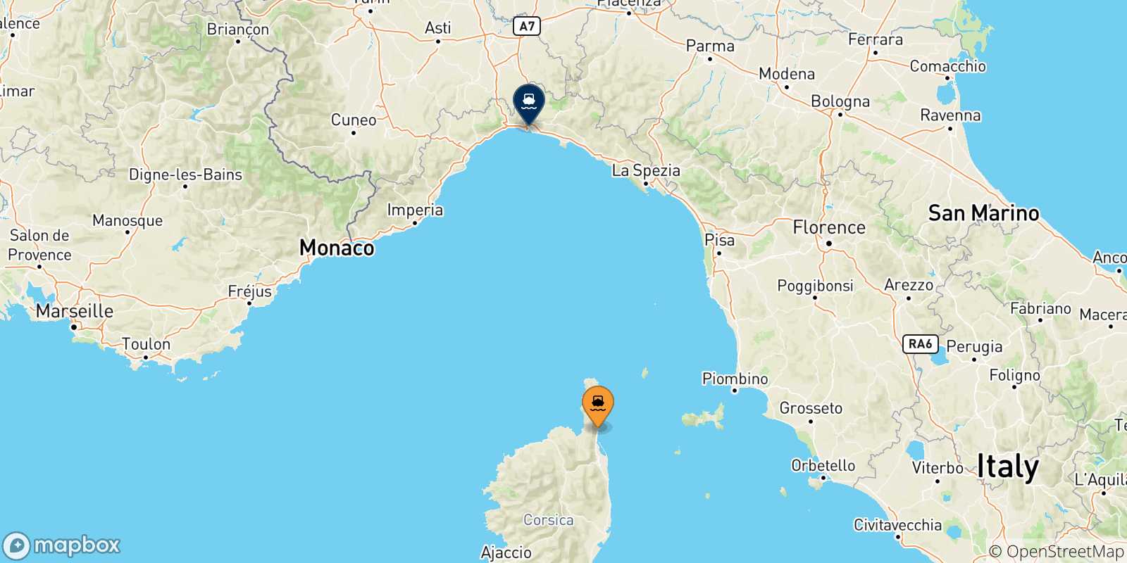 Mappa delle possibili rotte tra la Corsica e Genova