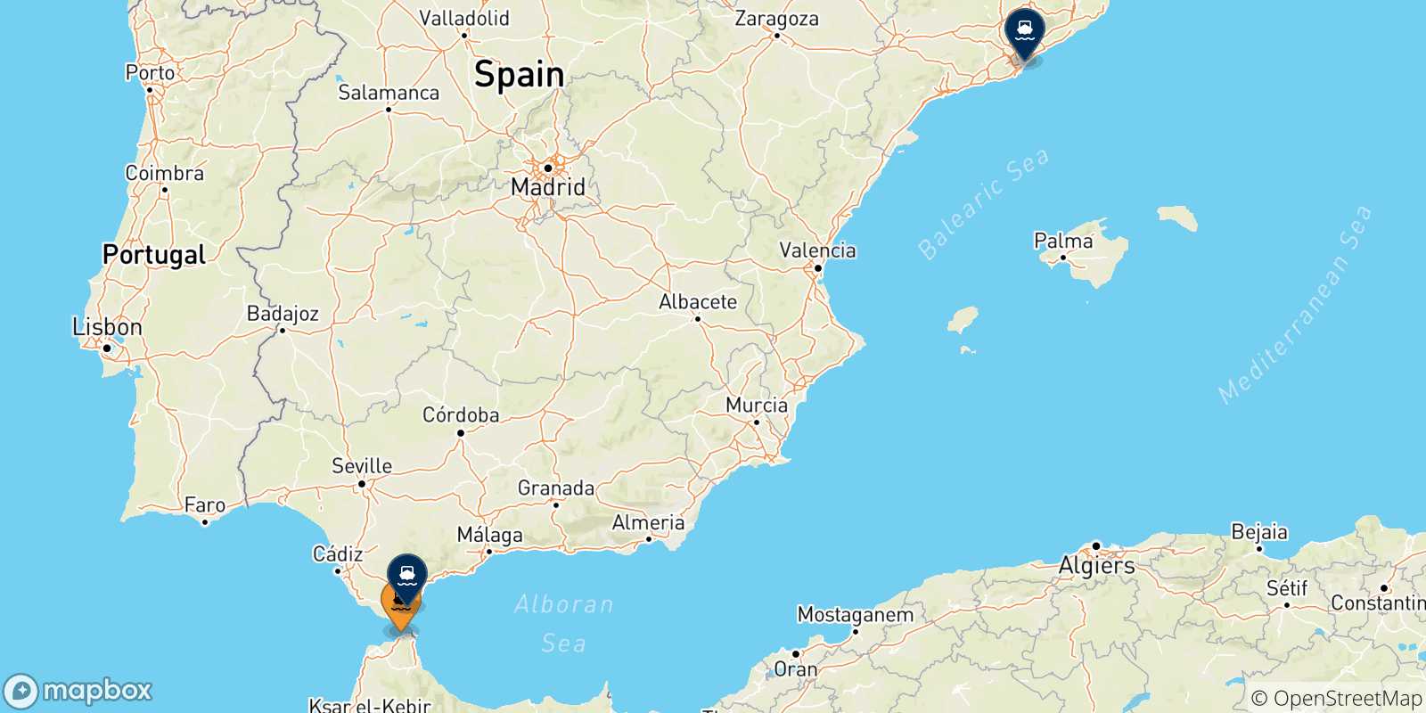 Mappa delle possibili rotte tra Tangeri Med e la Spagna