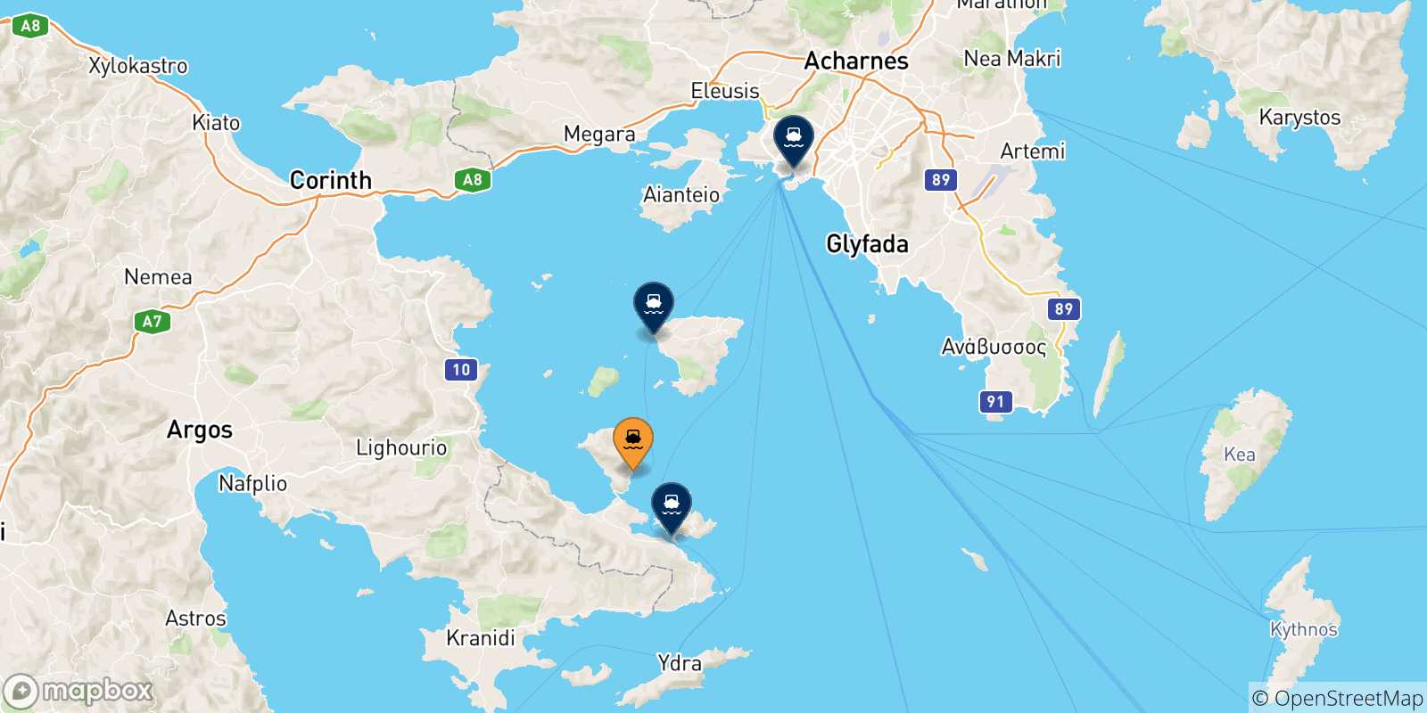 Mappa delle possibili rotte tra Methana e la Grecia
