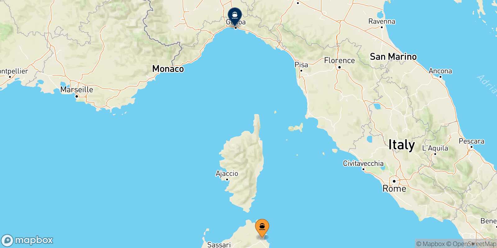 Mappa della rotta Olbia Genova