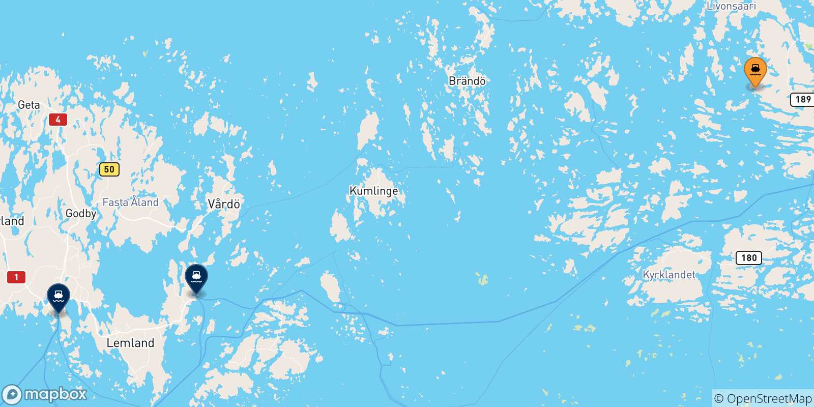 Mappa delle possibili rotte tra Turku e le Isole Aland