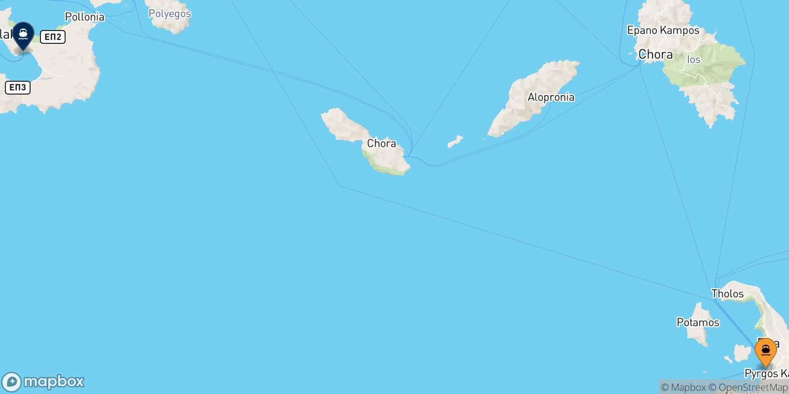 Mappa della rotta Santorini Milos