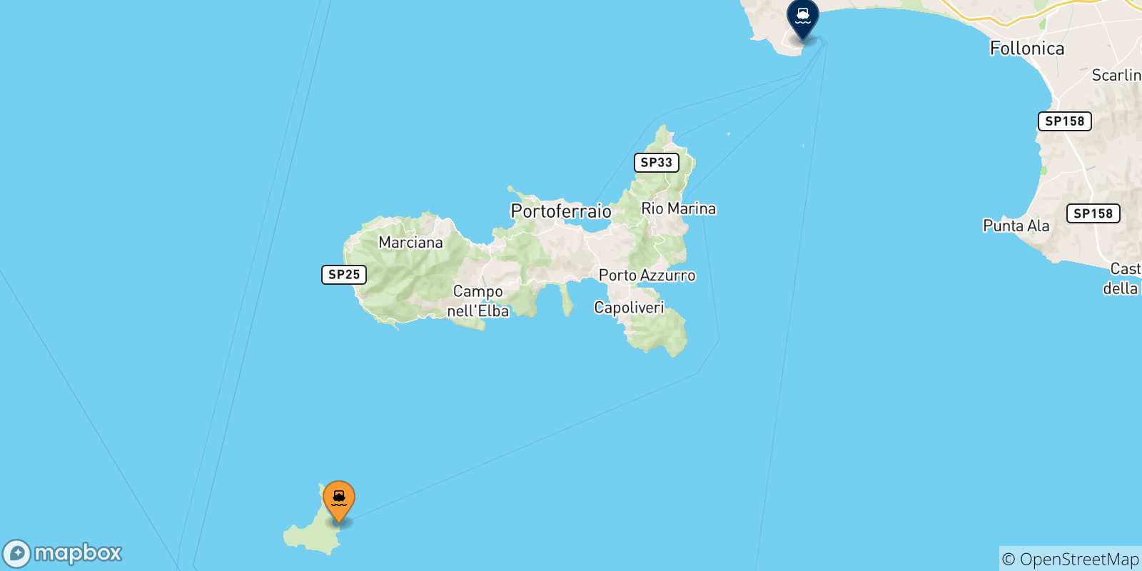 Mappa delle possibili rotte tra l'Isola Di Pianosa e Piombino