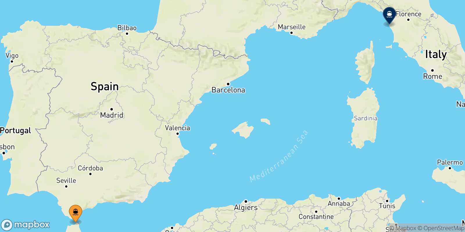 Mappa della rotta Tangeri Med Livorno