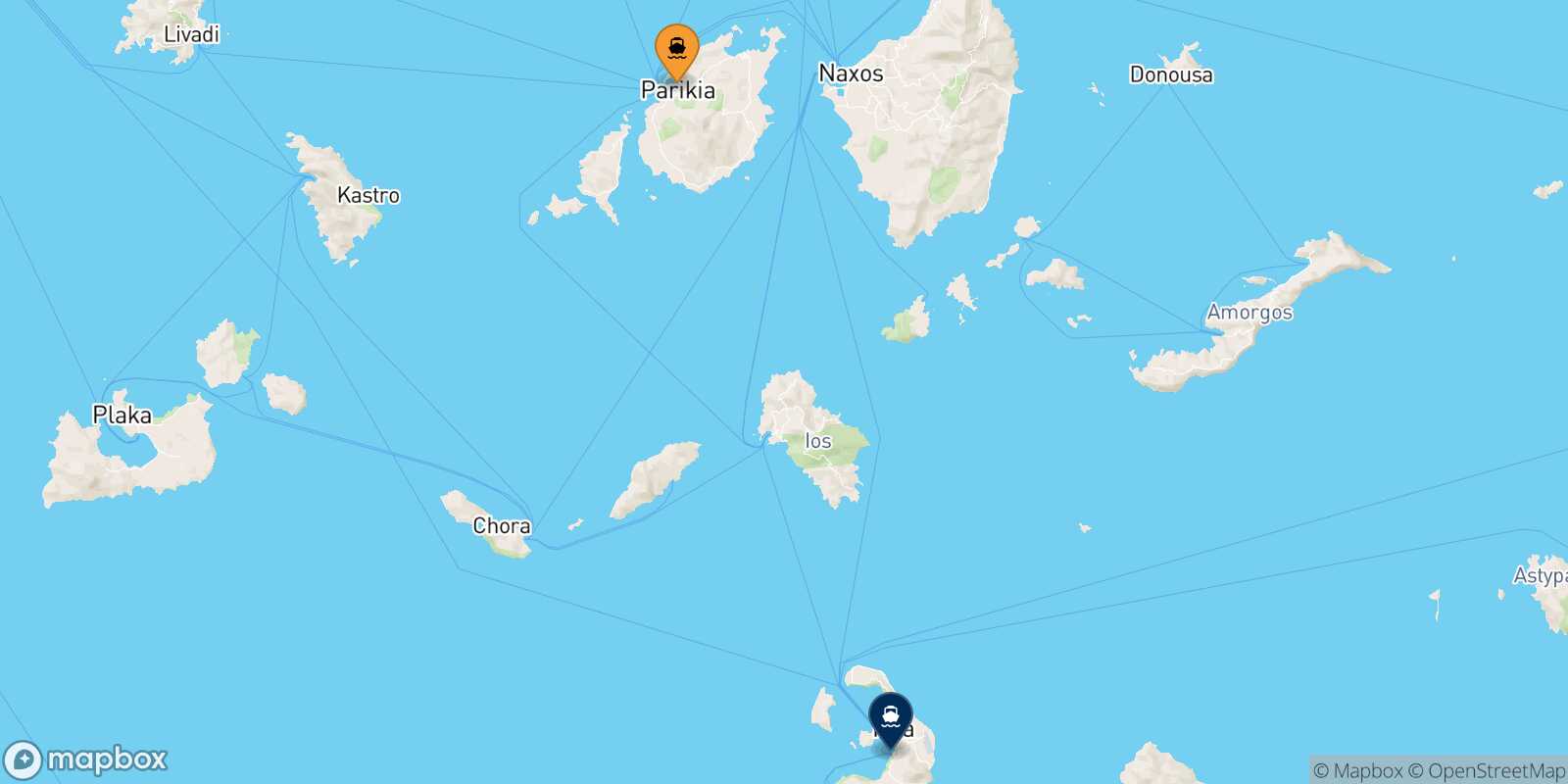 Mappa della rotta Paros Santorini