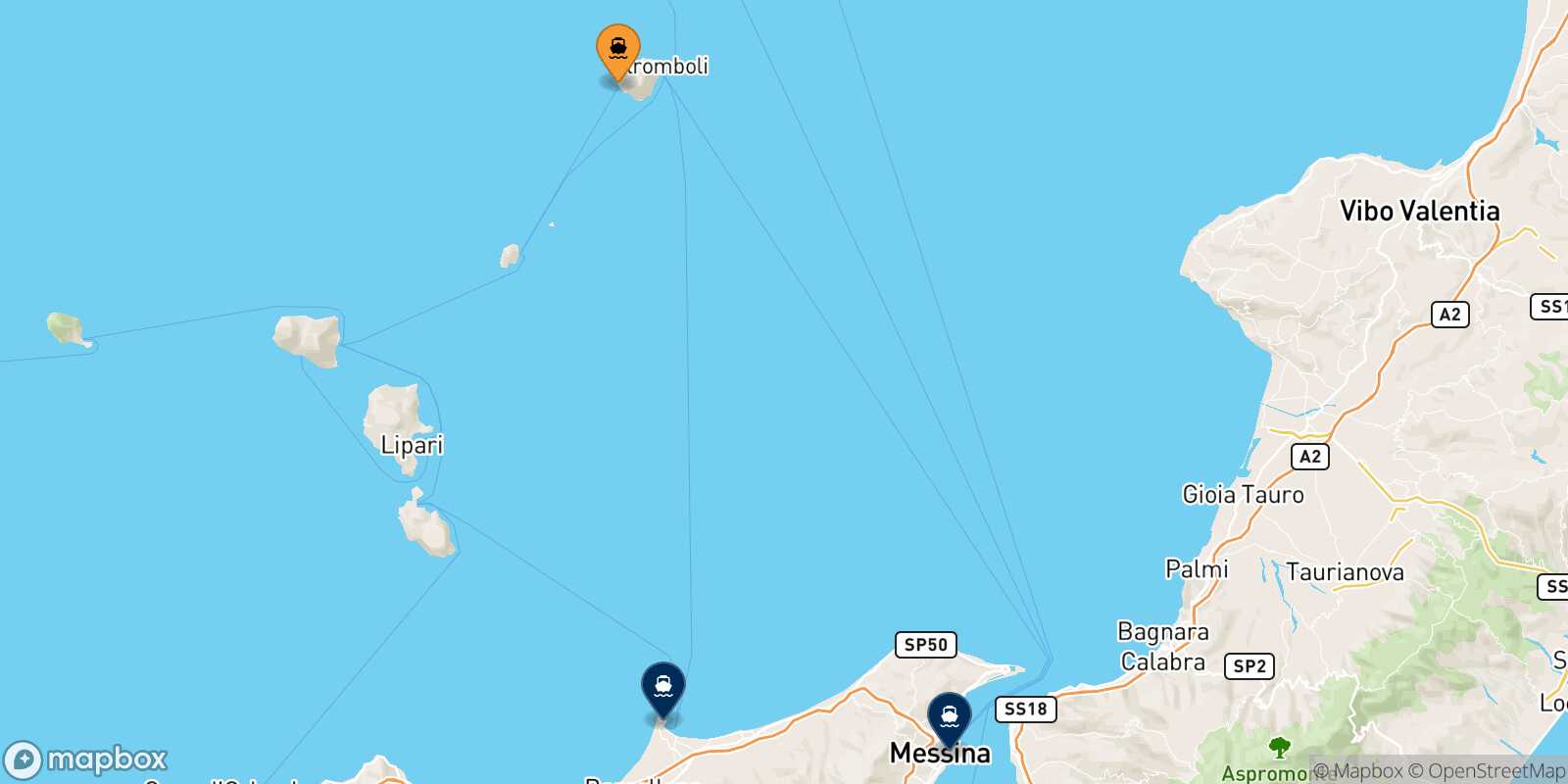 Mappa delle destinazioni raggiungibili da Ginostra (Stromboli)