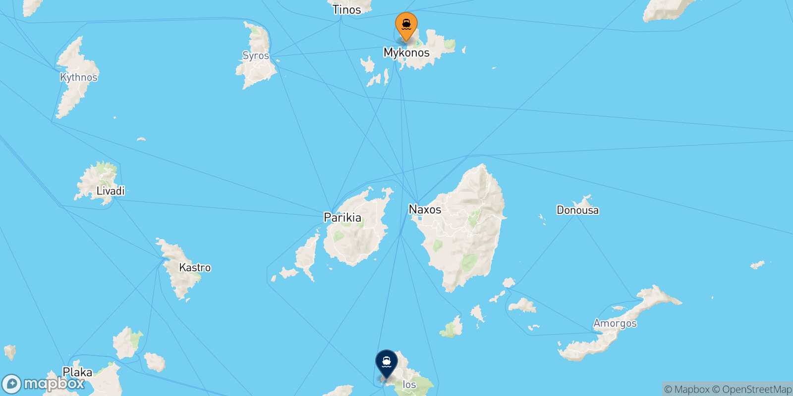 Mappa della rotta Mykonos Ios