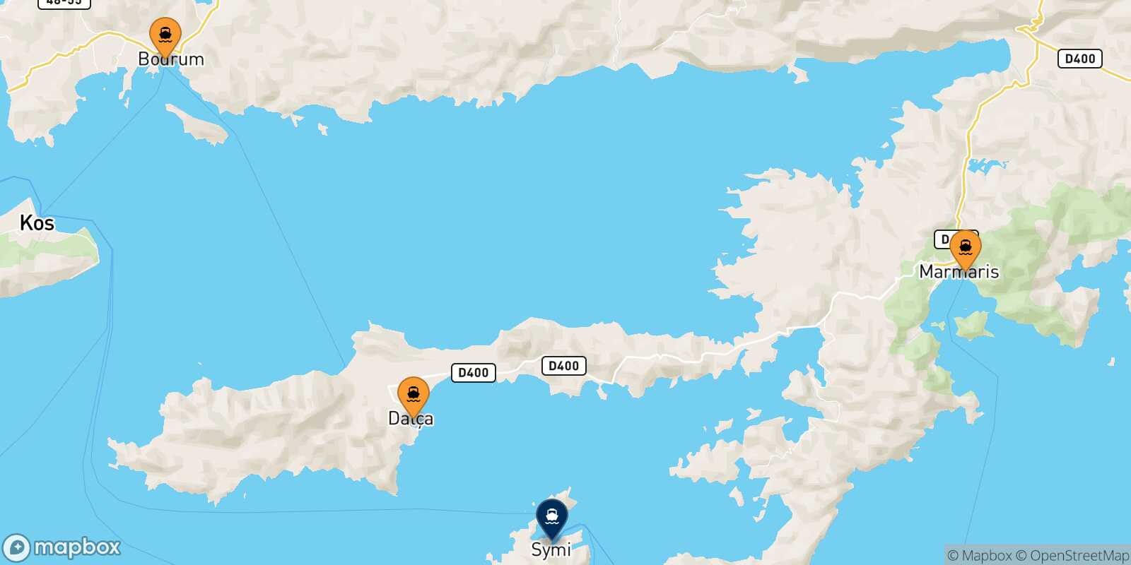 Mappa dei porti collegati con  Symi