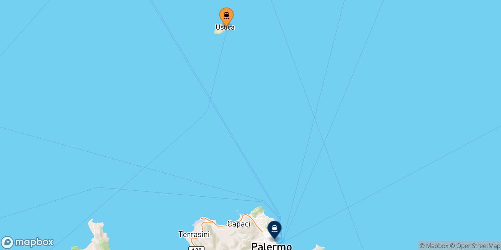 Mappa delle destinazioni raggiungibili da Cala S.maria (Ustica)