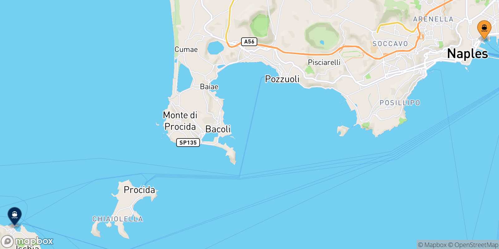 Mappa della rotta Napoli Beverello Ischia