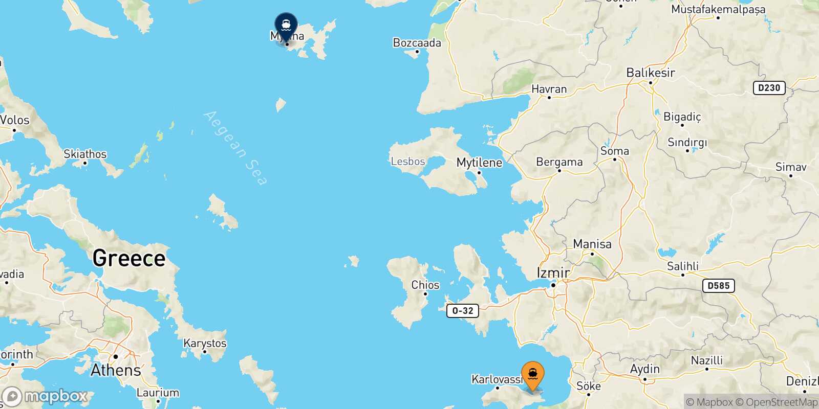 Mappa della rotta Vathi (Samos) Mirina (Limnos)