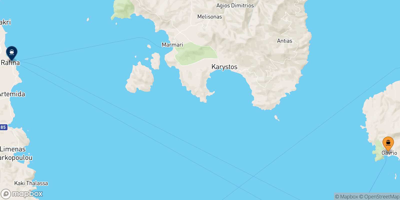 Mappa della rotta Andros Rafina