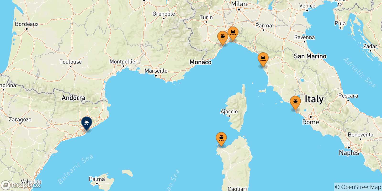 Mappa delle possibili rotte tra l'Italia e Barcellona