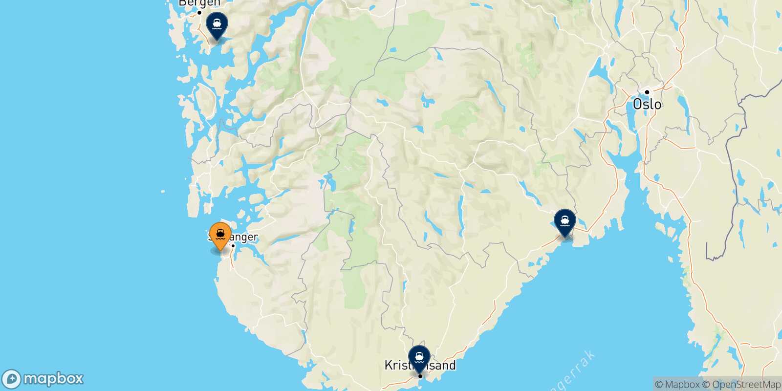 Mappa delle destinazioni raggiungibili da Stavanger