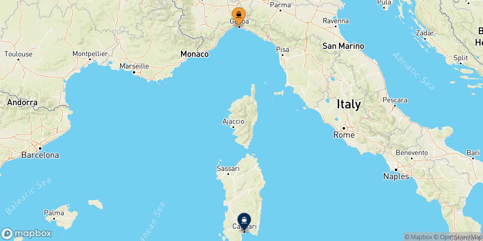 Mappa della rotta Genova Cagliari