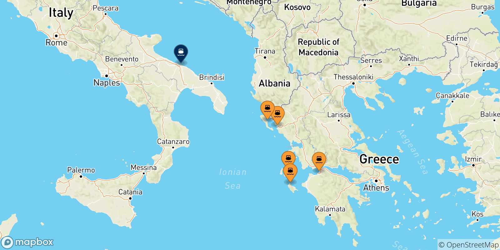 Mappa delle possibili rotte tra la Grecia e Bari