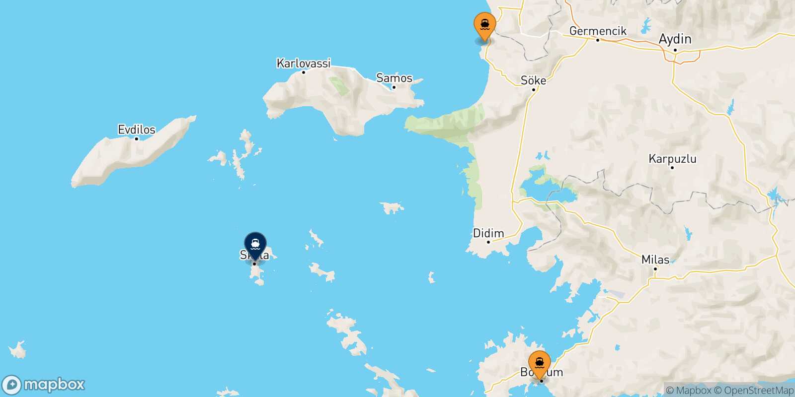 Mappa dei porti collegati con  Patmos