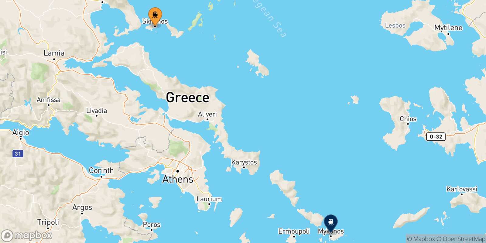 Mappa dei porti collegati con  Mykonos