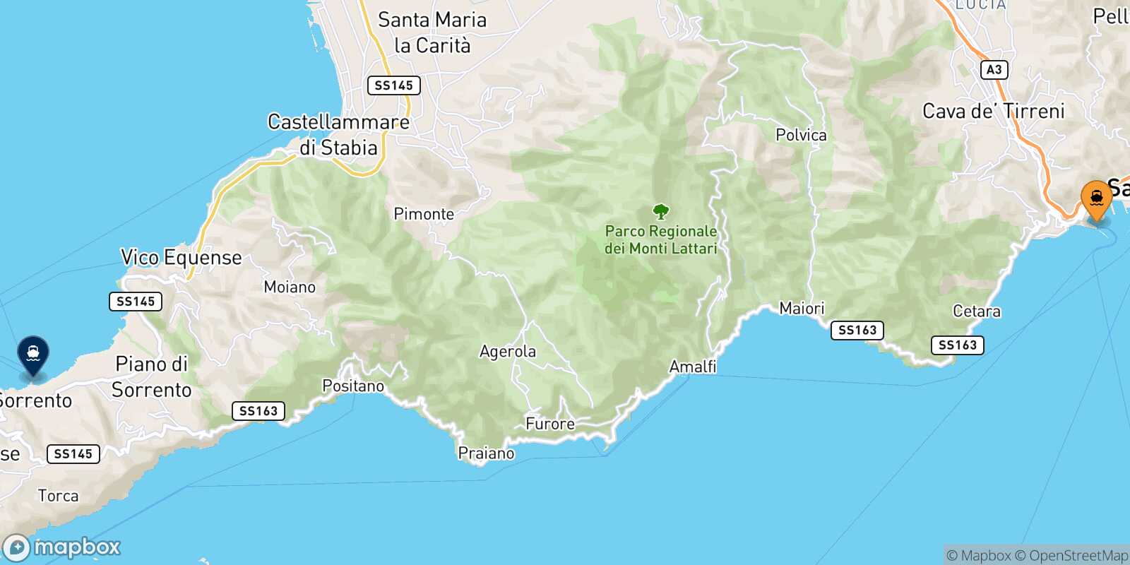Mappa della rotta Salerno Sorrento