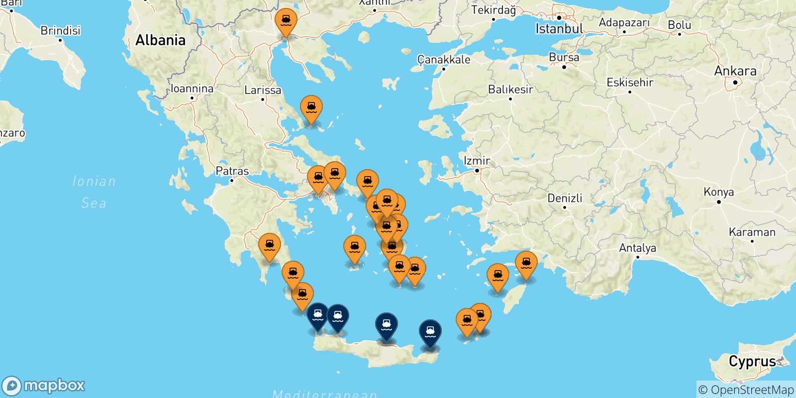 Mappa dei porti collegati con  Creta