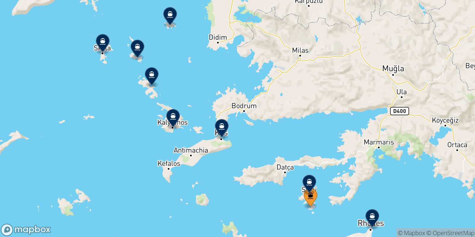 Mappa delle destinazioni raggiungibili da Panormitis (Symi)