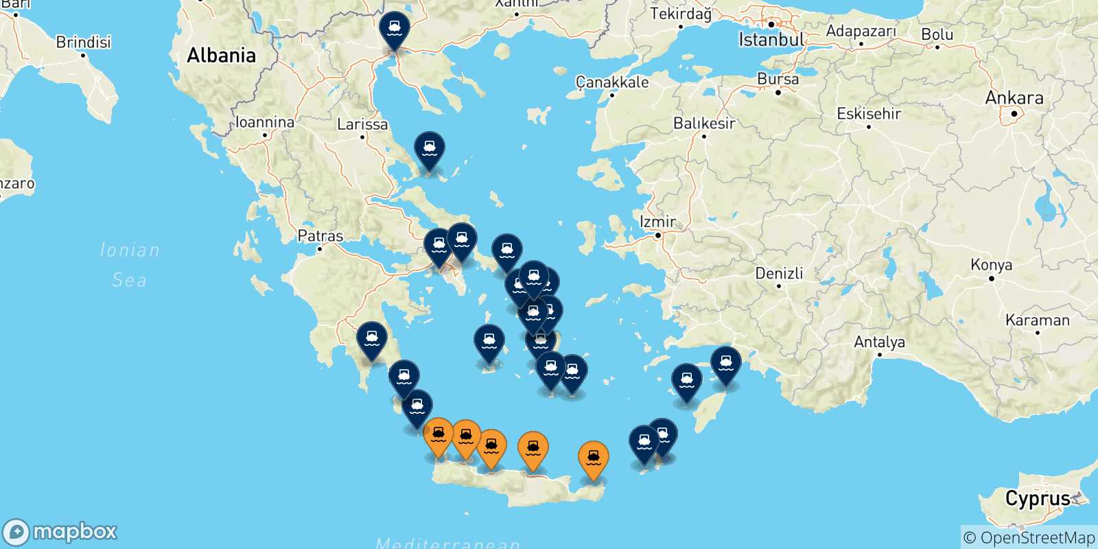 Mappa delle possibili rotte tra Creta e la Grecia