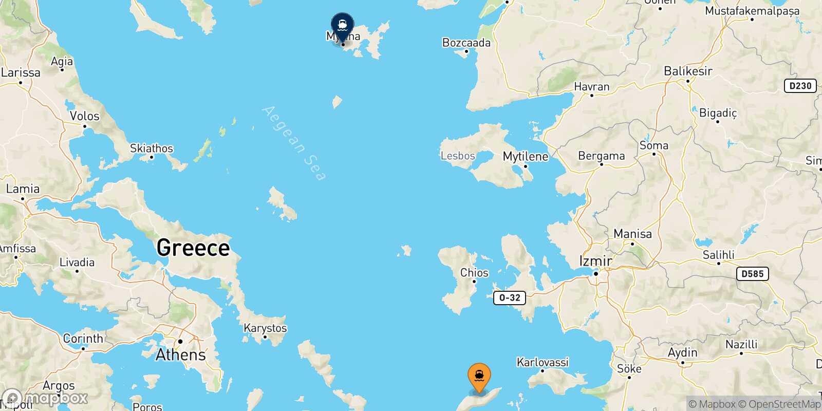 Mappa della rotta Agios Kirikos (Ikaria) Mirina (Limnos)