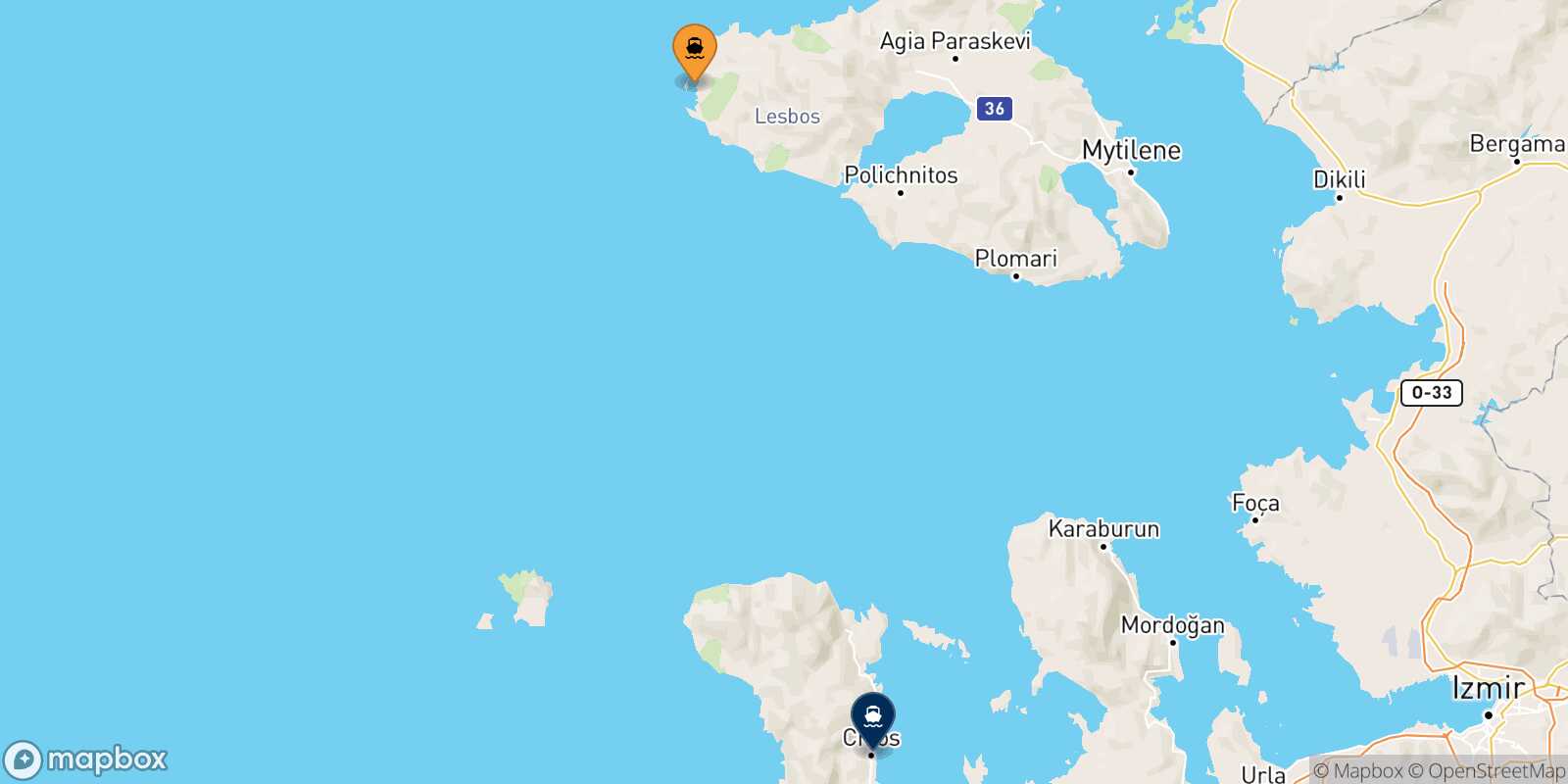 Mappa della rotta Sigri (Lesvos) Mesta Chios